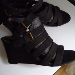 LAUREN RALPH LAUREN ALEIGH BLACK GENUINE LEATHER WEDGE SANDALS SIZE 9 NEW NO BOX